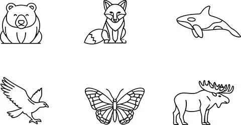 Set of Line Art Animals: Bear, Fox, Orca, Eagle, Butterfly, Moose Stock Illustration
