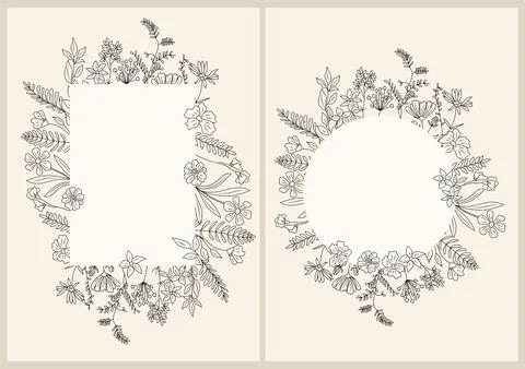 Set of line art frame borders with wild flowers. Stock Illustration