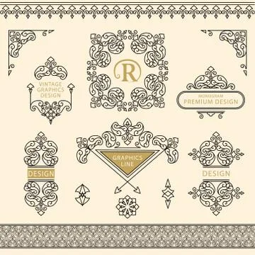 Set of line art frames and borders for design template. Element in Eastern  Stock-Illustration