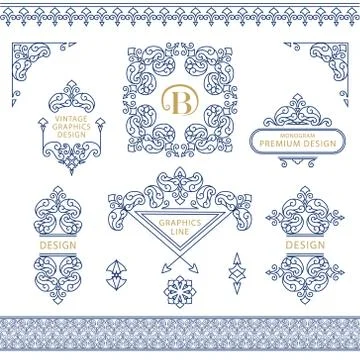 Set of line art frames and borders for design template. Element in Eastern  Stock Illustration