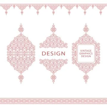 Set of line art frames and borders for design template. Element in Eastern  Stock Illustration