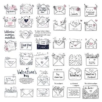 Set of  line art hand drawn envelopes isolated on white background. Envelop.. Stock Illustration