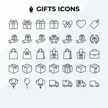 Set of line art icons representing gifts, shopping bags, boxes, delivery tr.. Stock Illustration