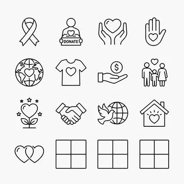 Set of line art icons representing charity, donation, and humanitarian aid .. Stock Illustration