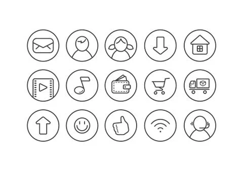 Set of line art internet theme icons for a web page in a round frame Illustrazione stock