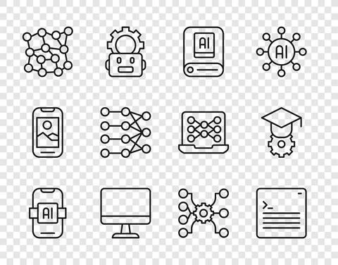 Set line Artificial intelligence AI, Web developer programming code, Computer Illustrazione stock
