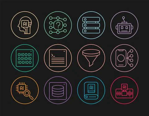 Set line Artificial intelligence AI, Neural network, Server, Data, Web developer 스톡 일러스트