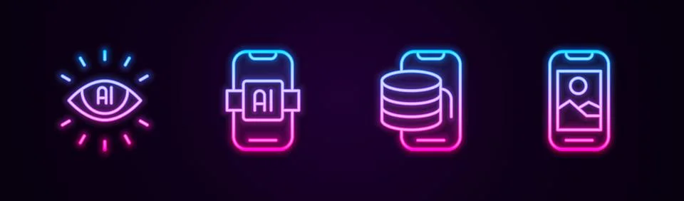 Set line Artificial intelligence AI, Cloud technology data transfer and Mobile 스톡 일러스트