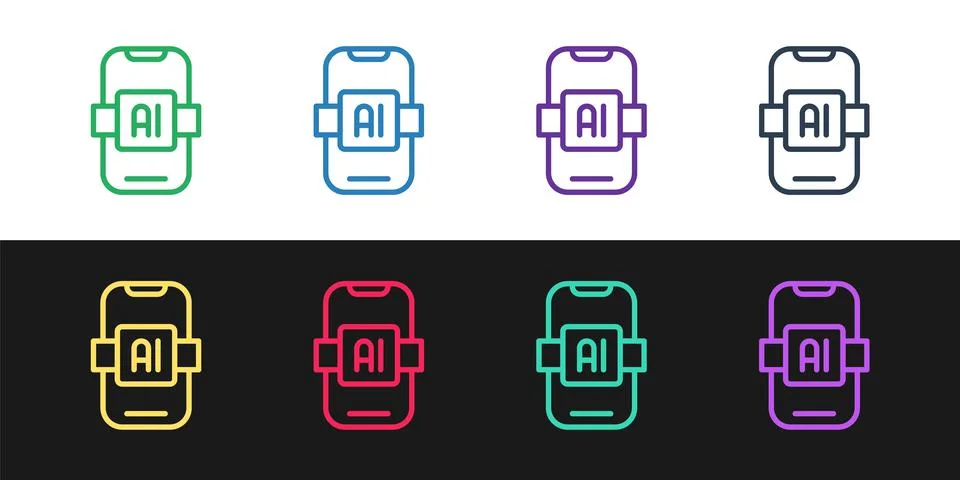 Set line Artificial intelligence AI icon isolated on black and white background Stock Illustration