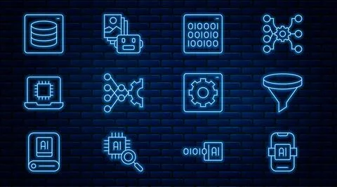 Set line Artificial intelligence AI, Funnel or filter, Binary code, Neural Stock Illustration