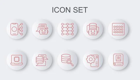 Set line Artificial intelligence AI, Processor CPU, Neural network, Chat bot Stock Illustration