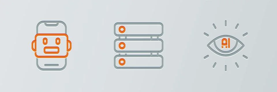 Set line Artificial intelligence AI, Chat bot and Server, Data icon. Vector Stock Illustration