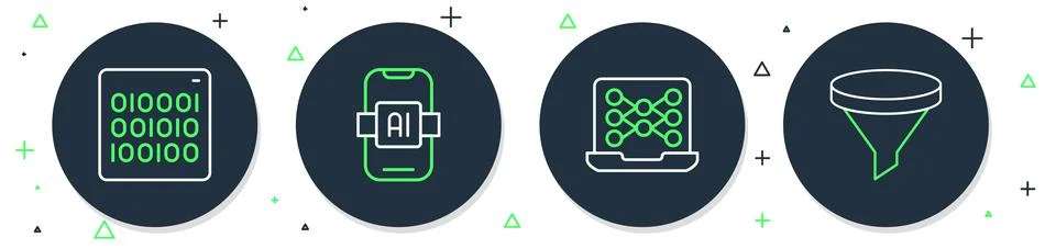 Set line Artificial intelligence AI, Neural network, Binary code and Funnel イラスト素材