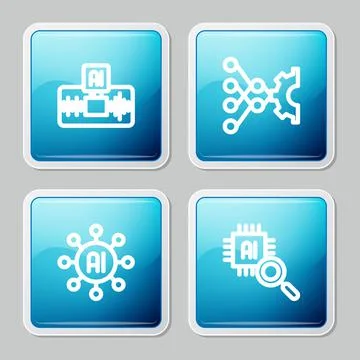 Set line Artificial intelligence AI, Neural network, and Processor CPU icon Illustrazione stock