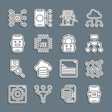 Set line Artificial intelligence AI, Neural network, Algorithm, Chat bot Stock Illustration