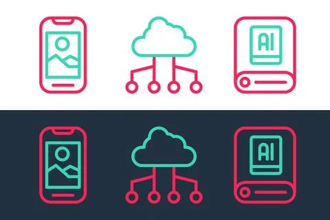 Set line Artificial intelligence AI, Mobile phone and Network cloud connection Illustrazione stock