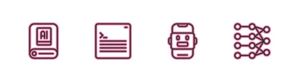Set line Artificial intelligence AI, Chat bot, Web developer programming code Stock Illustration