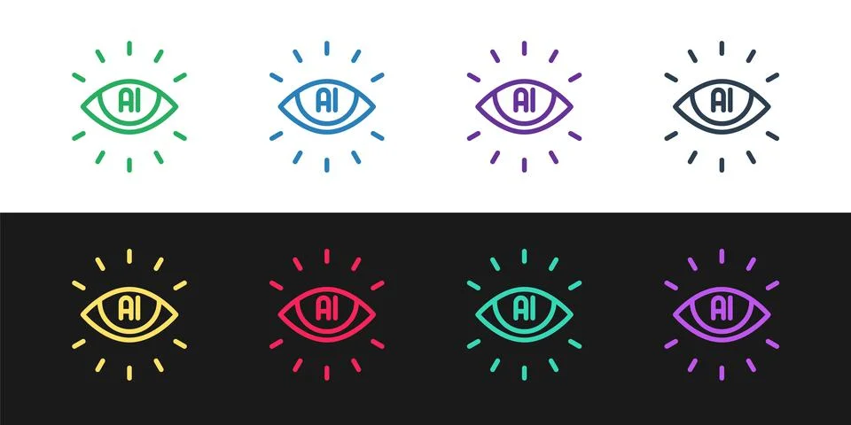 Set line Artificial intelligence AI icon isolated on black and white background Stock Illustration