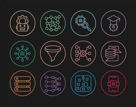 Set line Artificial intelligence AI, Server, Data, Processor CPU, Funnel filt Illustrazione stock