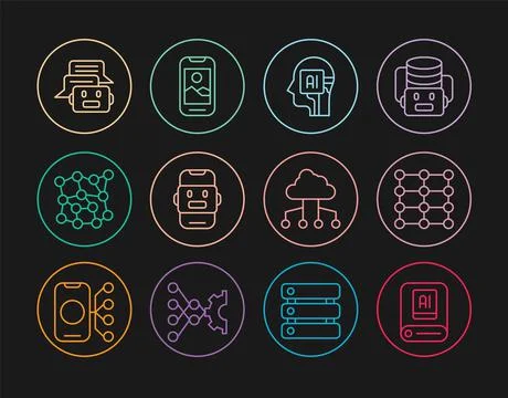 Set line Artificial intelligence AI, Neural network, Humanoid robot, Chat, Ne Stock Illustration