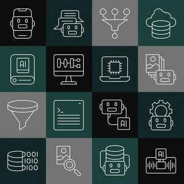 Set line Artificial intelligence AI, Robot setting, robot, Funnel or filter,  Stock Illustration