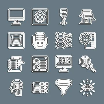 Set line Artificial intelligence AI, Processor CPU, Neural network, Algorithm 스톡 일러스트