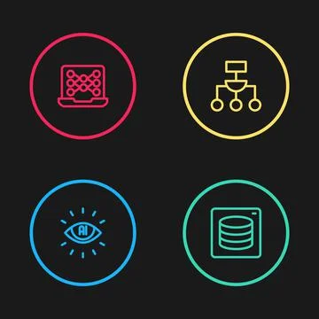 Set line Artificial intelligence AI, Server, Data, Algorithm and Neural network Stock Illustration