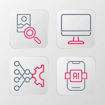 Set line Artificial intelligence AI, Neural network, Computer monitor and Pho Stock Illustration