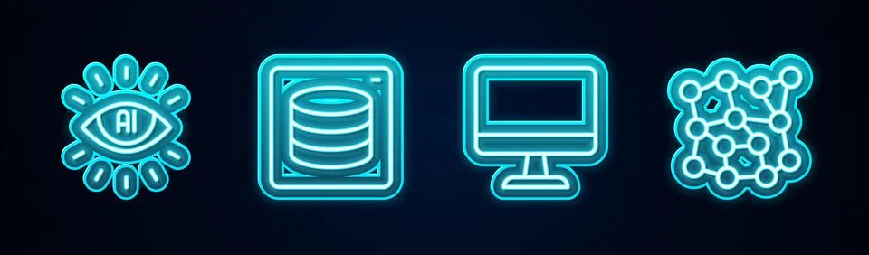 Set line Artificial intelligence AI, Server, Data, Computer monitor and Neura Stock Illustration