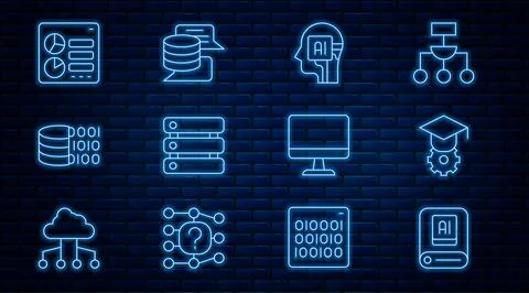 Set line Artificial intelligence AI, Graduation cap, Humanoid robot, Server Stockillustratie