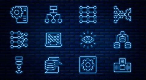 Set line Artificial intelligence AI, Server, Data, Neural network, and Algorithm Stockillustratie