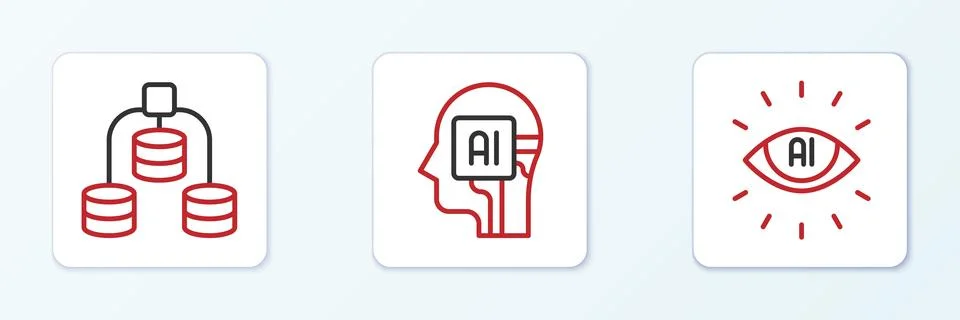 Set line Artificial intelligence AI, Server, Data and Humanoid robot icon Stock Illustration