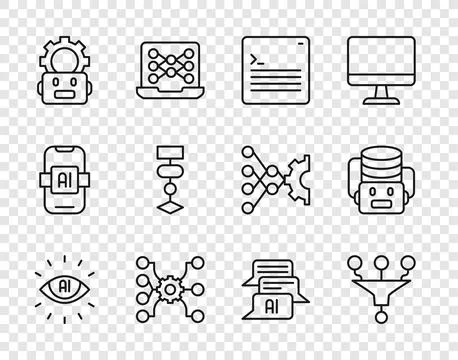 Set line Artificial intelligence AI, Funnel or filter, Web developer programming 库存插图