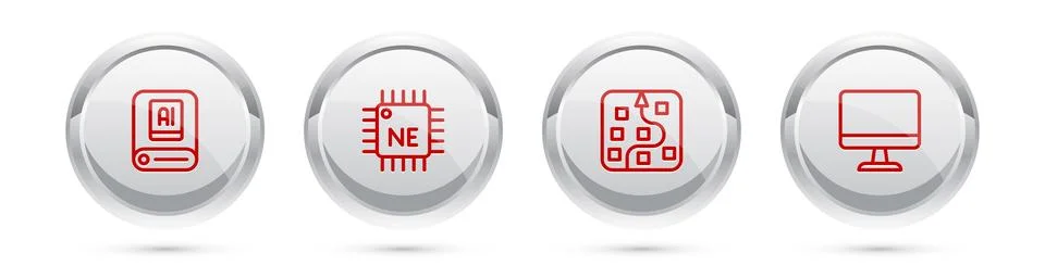 Set line Artificial intelligence AI, Processor CPU, Neural network and Computer Illustrazione stock