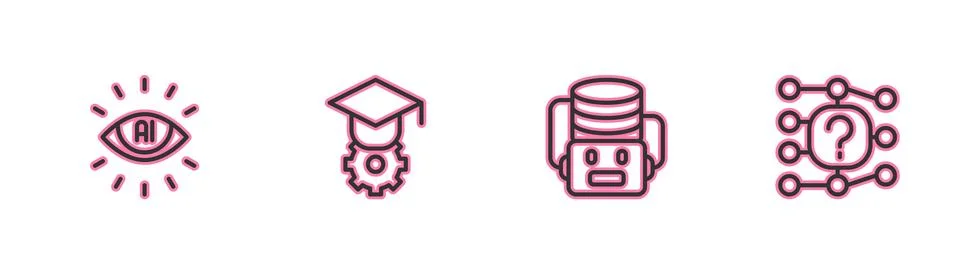 Set line Artificial intelligence AI, robot, Graduation cap and Neural netwo.. Stock Illustration