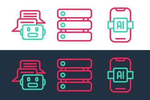 Set line Artificial intelligence AI, Chat bot and Server, Data icon. Vector Illustrazione stock