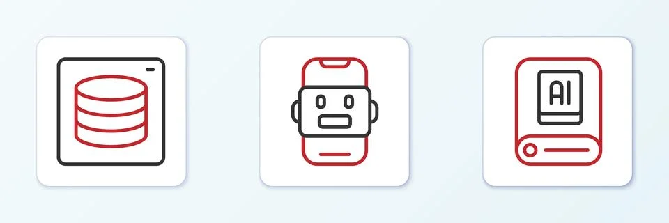 Set line Artificial intelligence AI, Server, Data and Chat bot icon. Vector Illustrazione stock