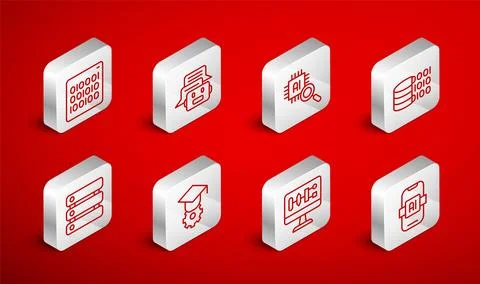 Set line Artificial intelligence AI, Chat bot, Processor CPU, Binary code, .. Illustrazione stock