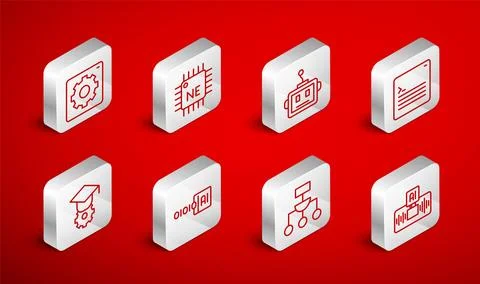 Set line Artificial intelligence AI, Processor CPU, robot, Web developer pr.. Stock Illustration