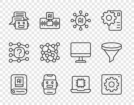 Set line Artificial intelligence AI, Computer api interface, Neural network.. Stock Illustration