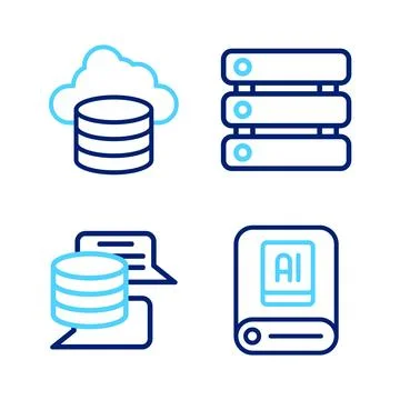 Set line Artificial intelligence AI, Server, Data,  and Cloud database icon.. Stock Illustration