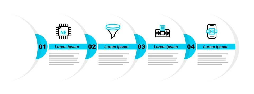 Set line Artificial intelligence AI, Funnel or filter and Processor CPU ico.. Illustrazione stock