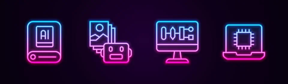 Set line Artificial intelligence AI, robot, Algorithm and Processor CPU. Gl.. Stock Illustration