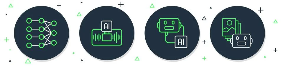 Set line Artificial intelligence AI, robot, Neural network and  icon. Vector Stock Illustration