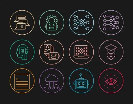 Set line Artificial intelligence AI, Graduation cap, Neural network, robot,.. Illustrazione stock