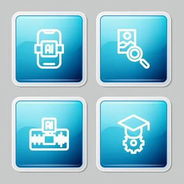 Set line Artificial intelligence AI, Photo retouching,  and Graduation cap .. Stock-Illustration