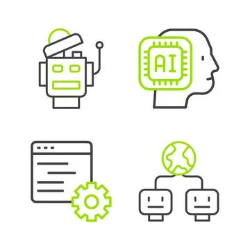 Set line Artificial intelligence, Computer api interface, Humanoid robot and 스톡 일러스트