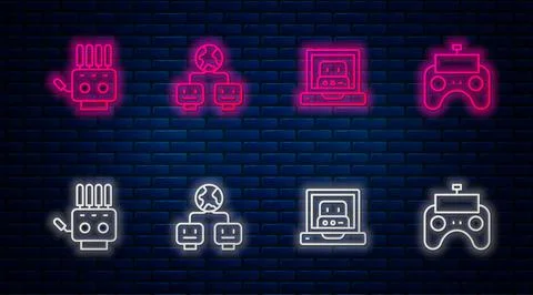 Set line Artificial intelligence, Creating robot, Mechanical hand and Remote Stock Illustration