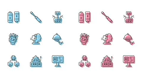 Set line Artificial intelligence, Error robot, Battery, Software, Robot for Stockillustratie