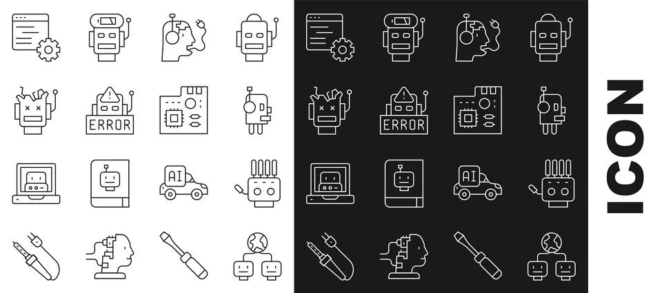 Set line Artificial intelligence, Mechanical robot hand, Robot, charging battery Stock Illustration
